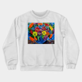 A beautiful bouquet of abstract flowers in a stunning vase on a table Crewneck Sweatshirt